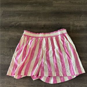 H&M Pink and White Striped Linen-Blend Shorts